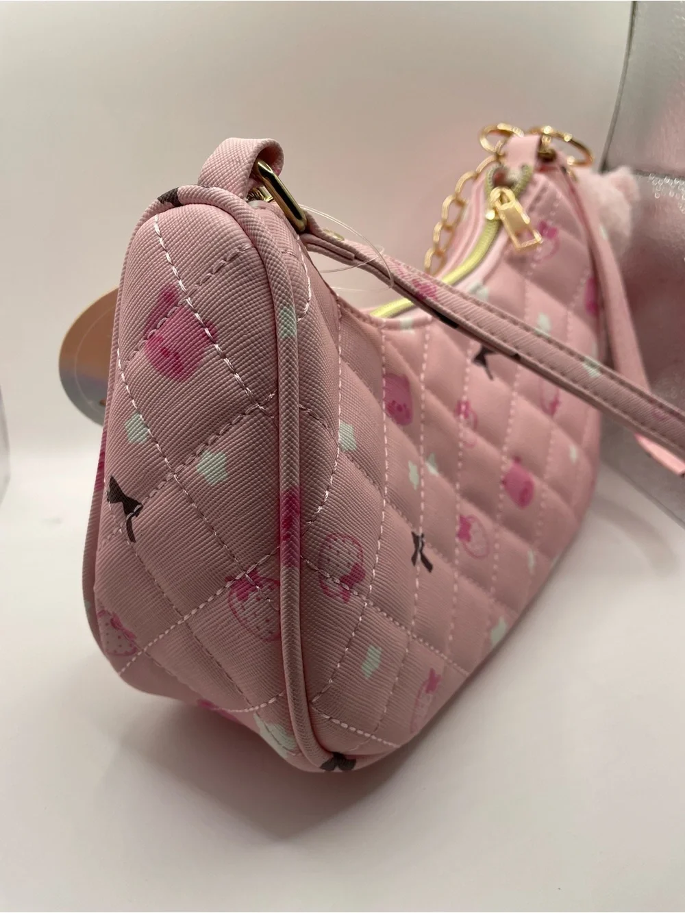 NWT Under One Sky Pink Quilted Strawberry Bag Bear Charm